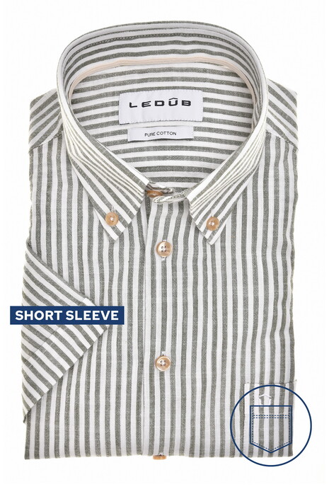 Ledûb Short Sleeve Striped Button Down Linnen Look Pure Cotton Overhemd Midden Groen