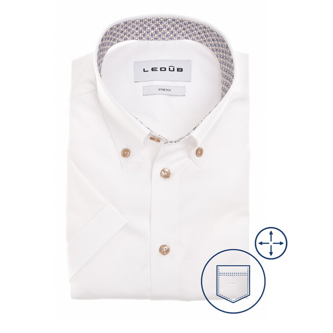 Ledûb Short Sleeve Subtle Details Cotton Stretch Overhemd Wit-Zand