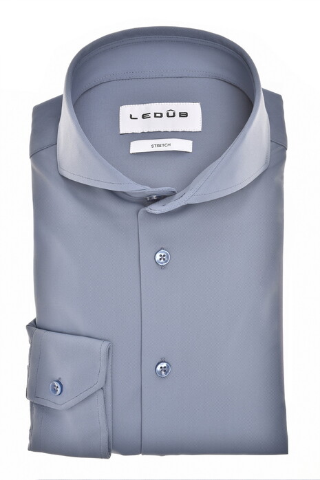 Ledûb Slim Active Stretch Piqué Wide-Spread Collar Overhemd Midden Blauw