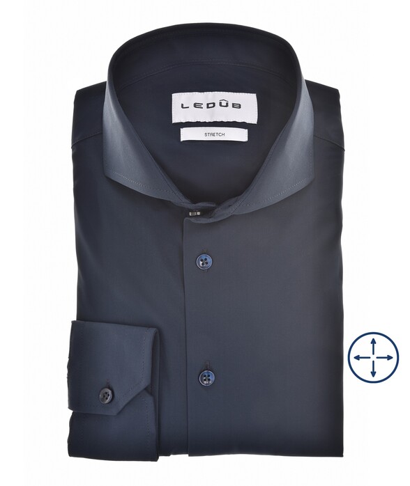 Ledûb Slim Active Stretch Solid Color Overhemd Donker Blauw