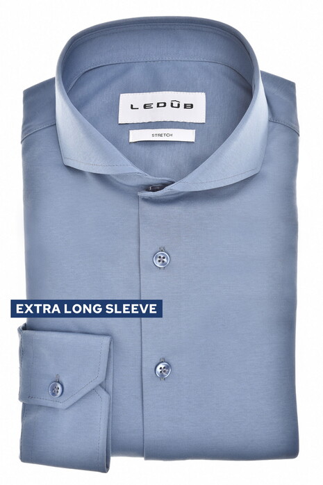 Ledûb Slim Cotton Jersey Stretch Cutaway Collar Overhemd Midden Blauw