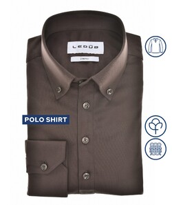 Ledûb Slim Long Sleeve Polo Jersey Cotton Stretch Poloshirt Dark Brown Melange