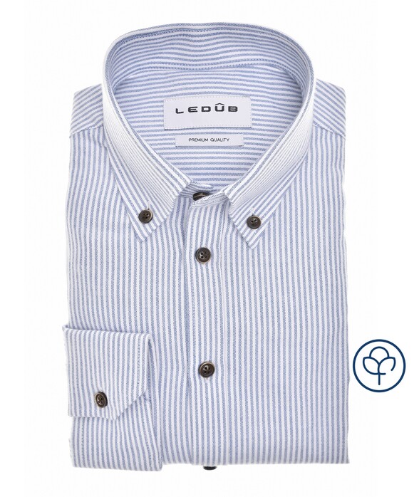 Ledûb Slim Oxford Button-Down Vertical Stripe Overhemd Midden Blauw