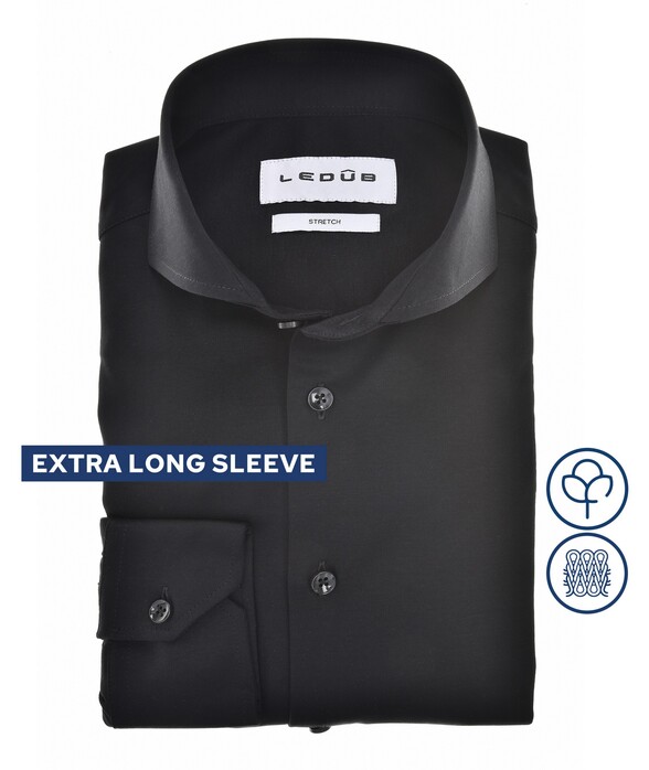 Ledûb Slim Solid Color Cotton Jersey Stretch Extra Long Sleeve Overhemd Zwart