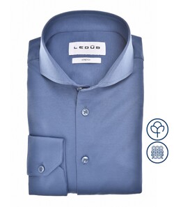 Ledûb Slim Solid Color Jersey Cotton Stretch Overhemd Midden Blauw