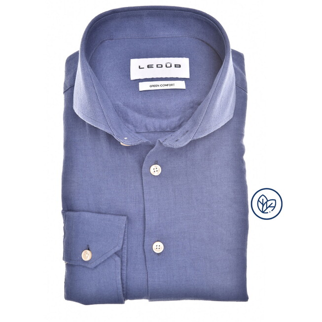 Ledûb Slim Solid Color Linnen Blend Overhemd Midden Blauw