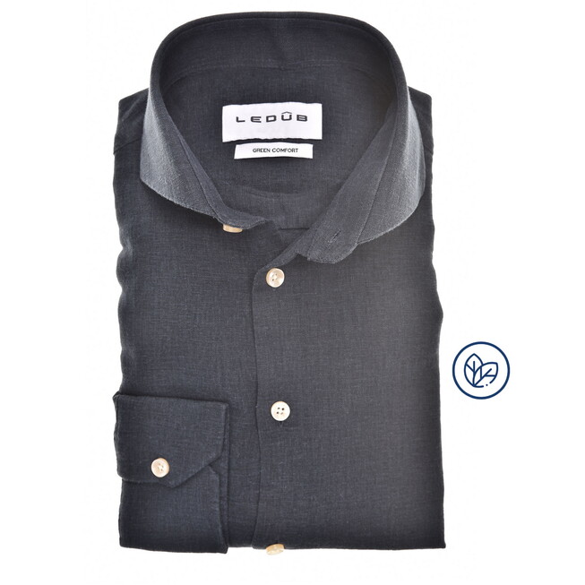 Ledûb Slim Solid Color Linnen Blend Overhemd Navy