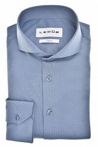 Ledûb Slim Uni Color Cotton Jersey Cutaway Collar Overhemd Midden Blauw