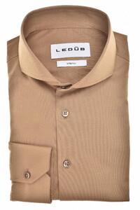 Ledûb Slim Uni Color Cotton Jersey Cutaway Collar Overhemd Midden Bruin