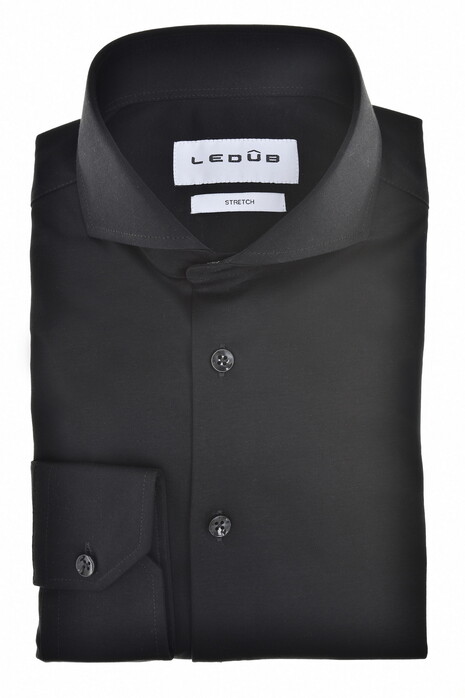 Ledûb Slim Uni Color Cotton Jersey Cutaway Collar Overhemd Zwart