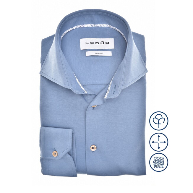 Ledûb Slim Uni Color Cotton Tricot Overhemd Midden Blauw