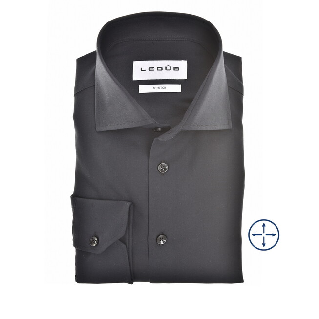 Ledûb Slim Uni Color Four-Way Stretch Overhemd Zwart