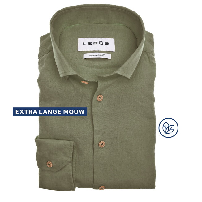 Ledûb Solid Color Cotton-Linnen Blend Button-Down Extra Long Sleeve Overhemd Midden Groen