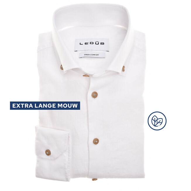 Ledûb Solid Color Cotton-Linnen Blend Button-Down Extra Long Sleeve Overhemd Wit
