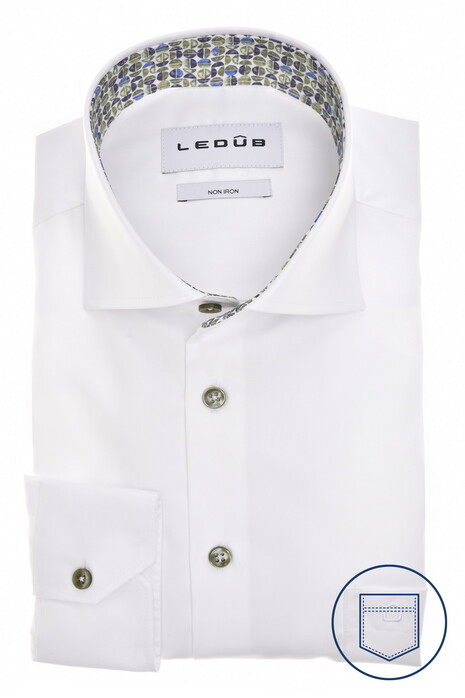 Ledûb Solid Color Cotton Non-Iron Contrast Details Overhemd Wit