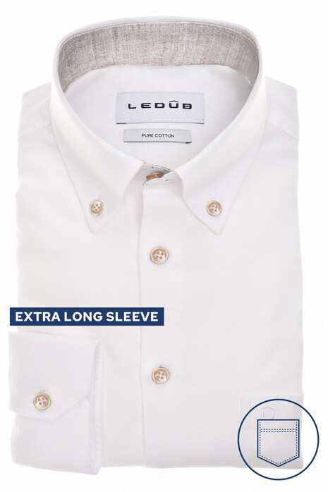 Ledûb Solid Color Oxford Subtle Contrast Details Extra Long Sleeve 7 Shirt White-Sand