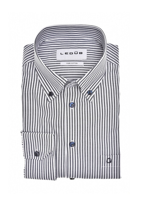 Ledûb Striped Button-Down Pure Cotton Overhemd Navy
