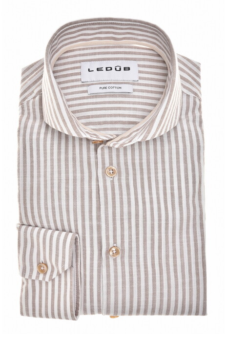 Ledûb Striped Pure Cotton Cutaway Collar Overhemd Midden Bruin