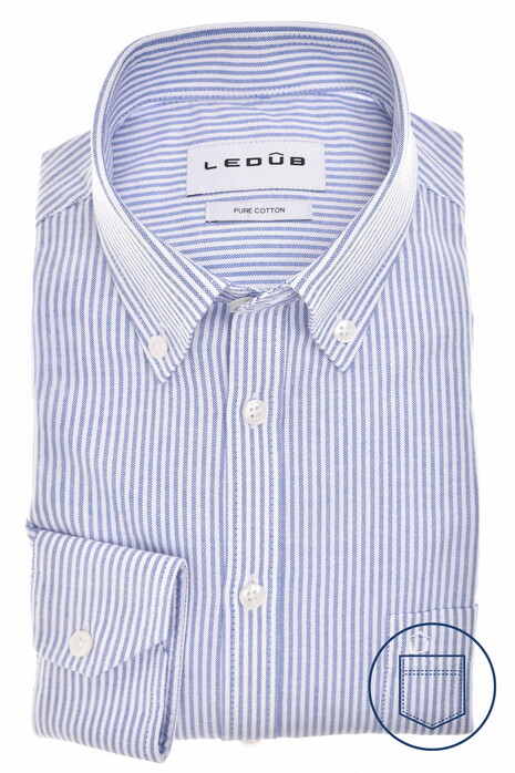 Ledûb Striped Pure Cotton Oxford Button-Down Overhemd Midden Blauw