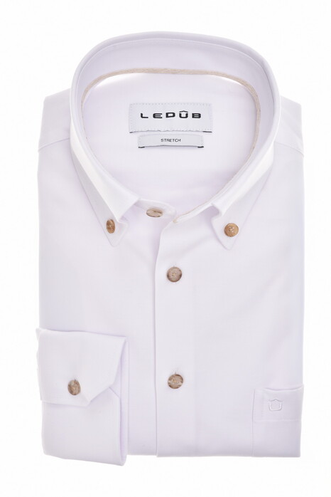Ledûb Uni Color 4-Way Stretch Button-Down Overhemd Wit-Zand