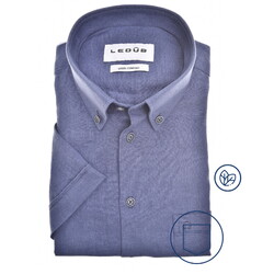 Ledûb Uni Color Button-Down Linnen Blend Short Sleeve Overhemd Midden Blauw