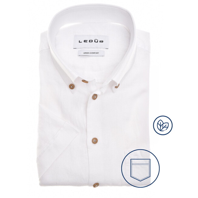 Ledûb Uni Color Button-Down Linnen Blend Short Sleeve Overhemd Wit
