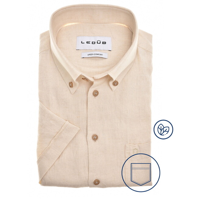Ledûb Uni Color Button-Down Linnen Blend Short Sleeve Overhemd Zand