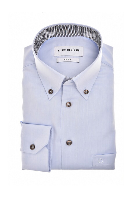 Ledûb Uni Color Button-Down Subtle Contrast Overhemd Licht Blauw