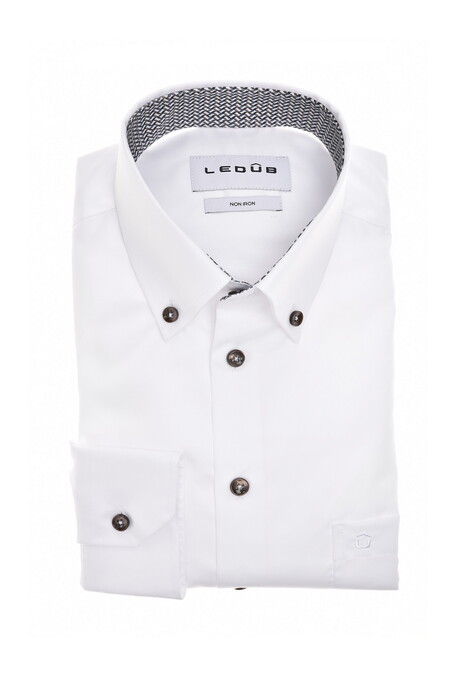 Ledûb Uni Color Button-Down Subtle Contrast Overhemd Wit
