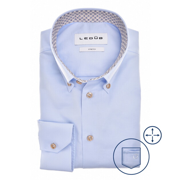Ledûb Uni Color Cotton Stretch Overhemd Lichtblauw-Zand