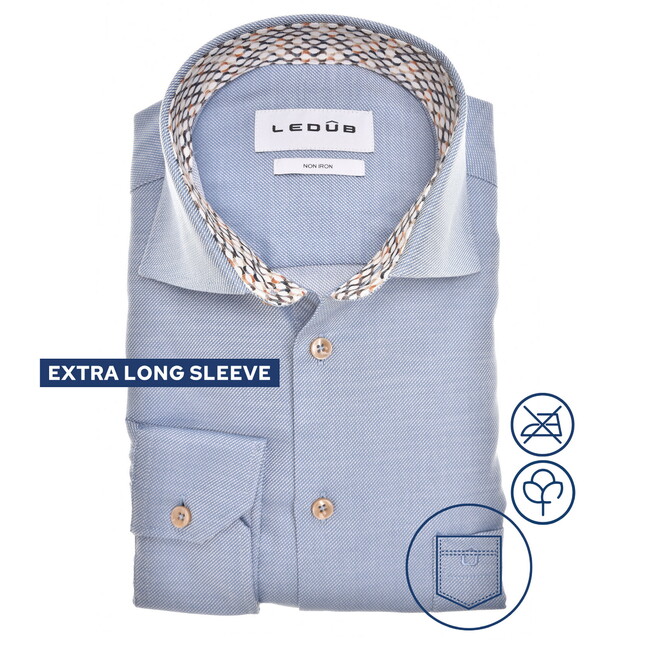 Ledûb Uni Color Fine Detail Extra Long Sleeve Non-Iron Cotton Overhemd Midden Blauw