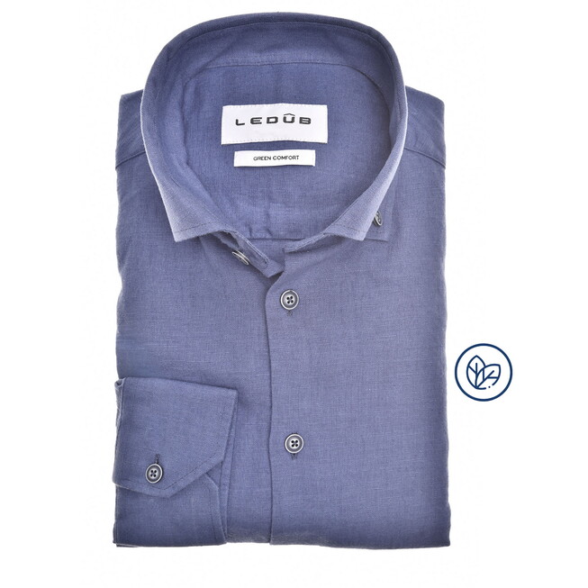 Ledûb Uni Color Linnen Cotton Button-Down Overhemd Midden Blauw