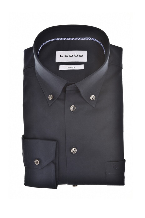 Ledûb Uni Color Subtle Contrast Button-Down Cotton Stretch Overhemd Navy