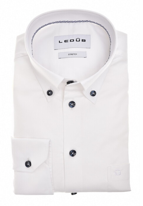 Ledûb Uni Color Subtle Contrast Button-Down Cotton Stretch Overhemd Wit