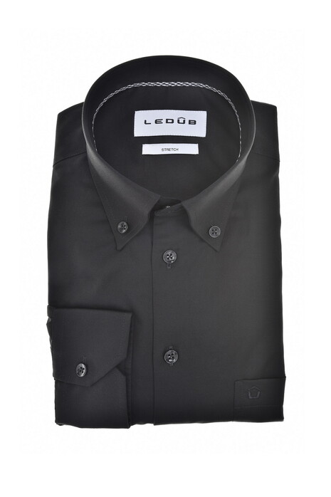 Ledûb Uni Color Subtle Contrast Button-Down Cotton Stretch Shirt Black