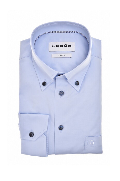 Ledûb Uni Color Subtle Contrast Button-Down Cotton Stretch Shirt Light Blue