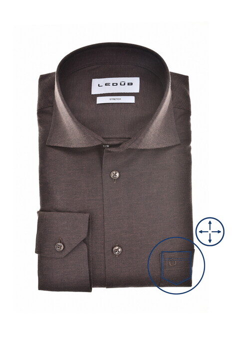 Ledûb Uni Color Wide Spread Stretch Overhemd Donker Bruin