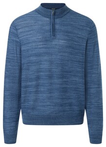 Maerz Subtle Stripe Knit Zip Collar Luxury Wool Cotton Pullover Deep Sea
