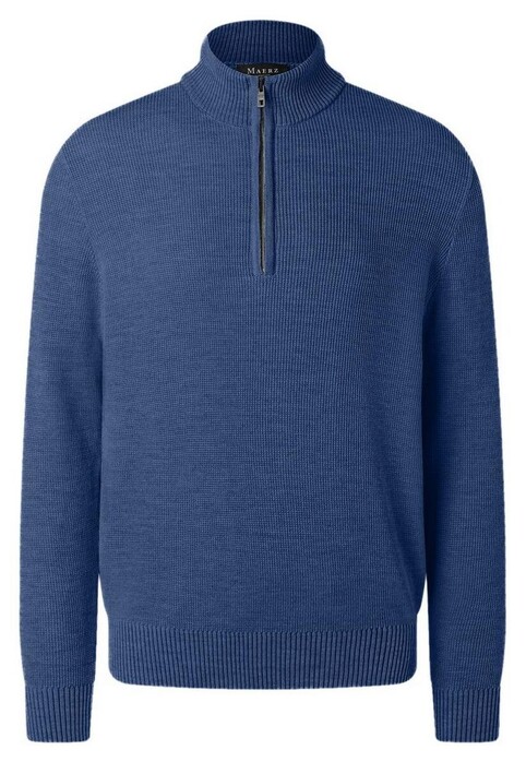Maerz Uni Color Fine Texture Knit Stand-Up Zip Collar Trui Deep Sea