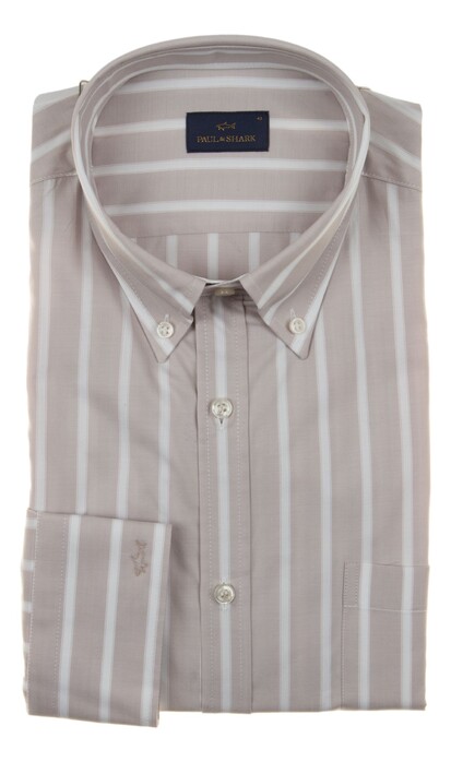 Paul & Shark Cotton Twill Stripe Shirt Overhemd Beige-Wit