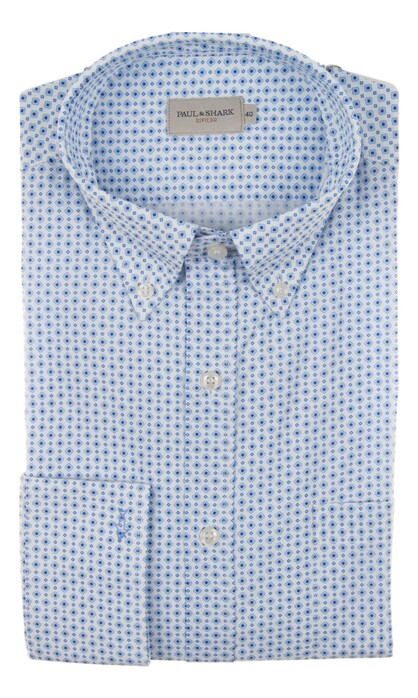 Paul & Shark Riviera Cotton Fantasy Shirt Overhemd Wit - Licht Blauw