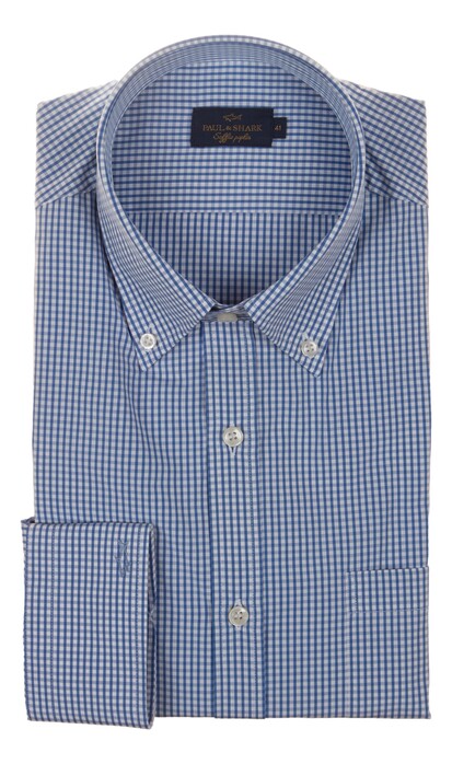 Paul & Shark Soffio Poplin Cotton Check Overhemd Midden Blauw
