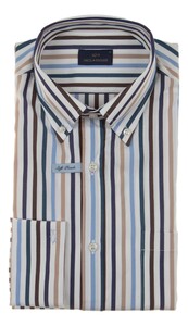 Paul & Shark Soft Touch Cotton Poplin Stripe Shirt White-Blue-Brown