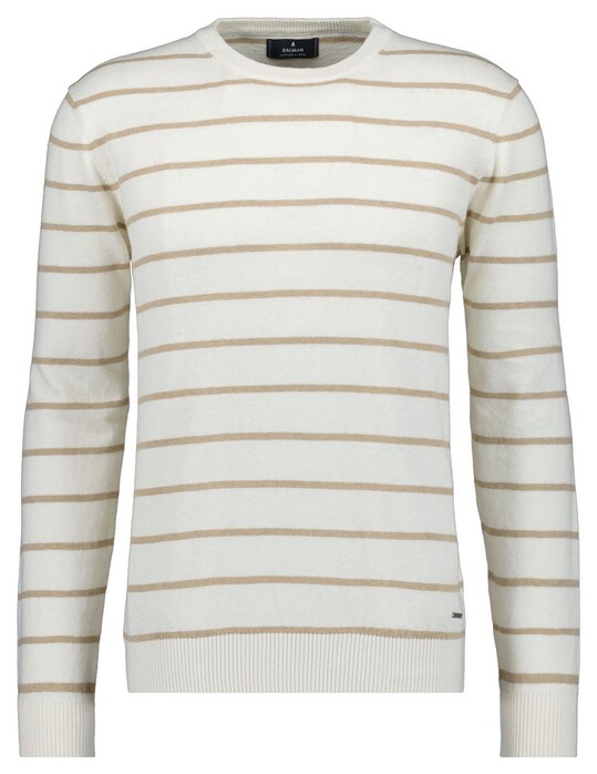 Ragman Cotton Linnen Knit Round Neck Stripe Trui Ecru