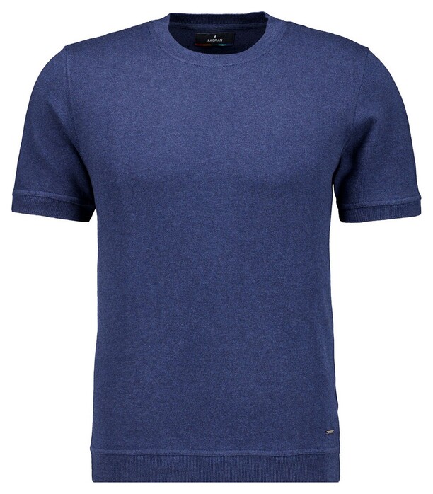 Ragman Melange Cotton Knit Round Neck Short Sleeve Trui Night Blue