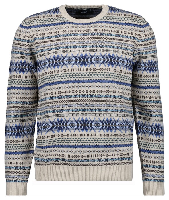 Ragman Round Neck Jacquard Knit Cotton Cashmere Trui Beige-Blauw