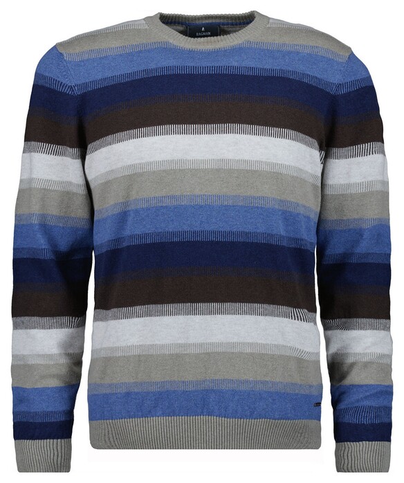 Ragman Round Neck Striped Cotton Cashmere Pullover Taupe-Blue