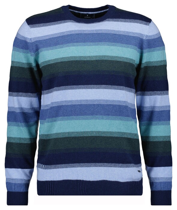 Ragman Round Neck Striped Cotton Cashmere Trui Marine-Aqua