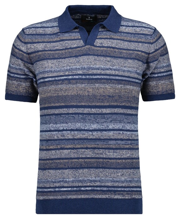 Ragman Short Sleeve Knit Stripe Resort Collar Trui Night Blue-Multi
