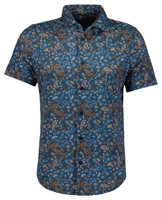 Ragman Soft Knit Jersey Floral Easy Care Overhemd Blauw-Multi